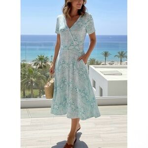 FRESH PRODUCE Coastal Faux Wrap Dress Teal Aqua Blue Reptile Snake Skin Print M